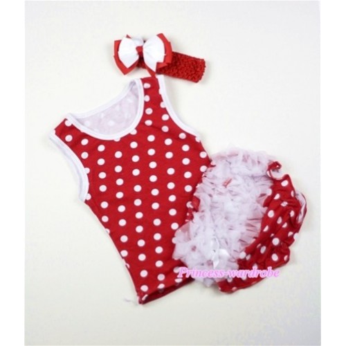 White Ruffles Hot Red White Polka Dots Panties Bloomers with Matching Minnie Dots Tank Top & Red Headband Red White Bow 3PC Set CM10 